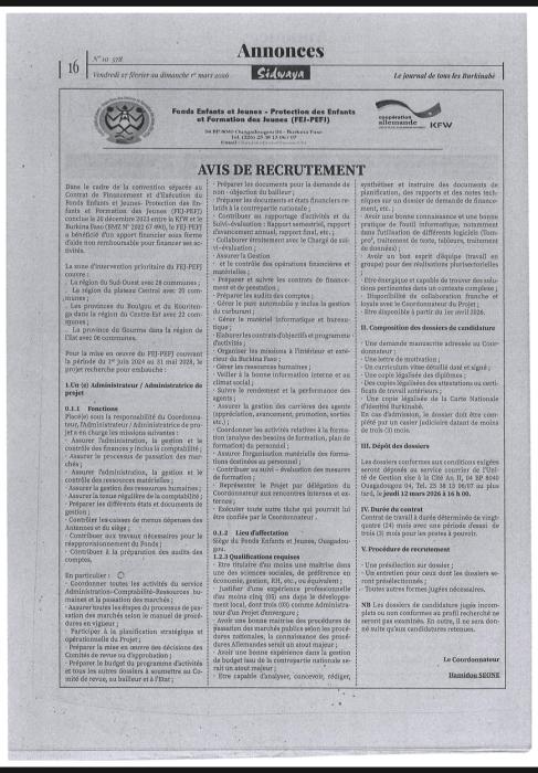 Avis de recrutement d'un administrateur 