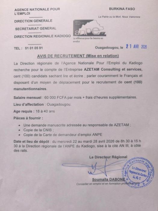Avis de recrutement de 100 manutentionnaires 